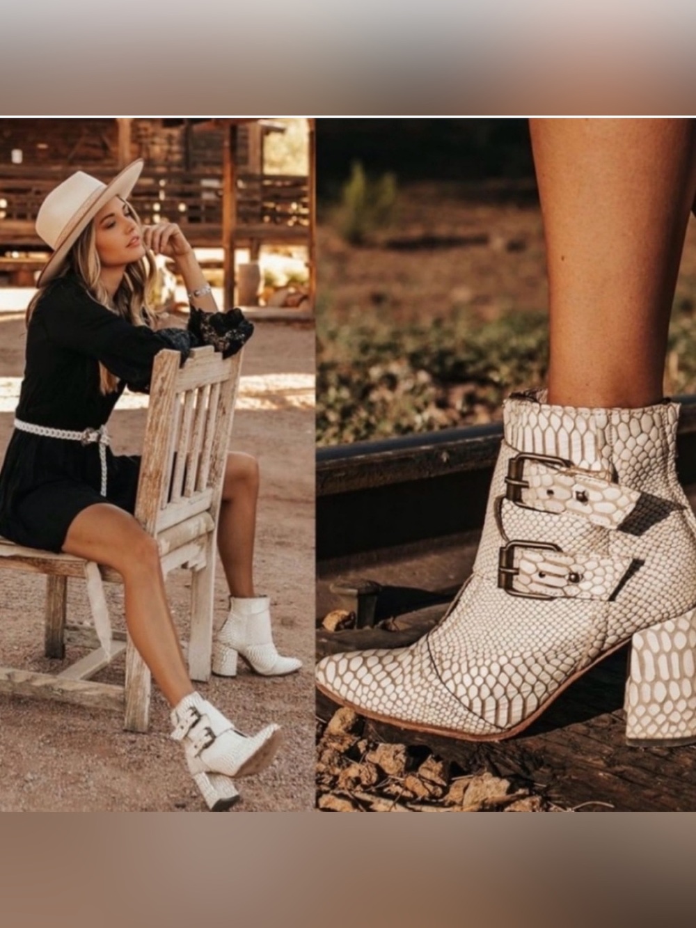 Freebird Joey ankle booties in white snake-print leather, chunky block heel 10